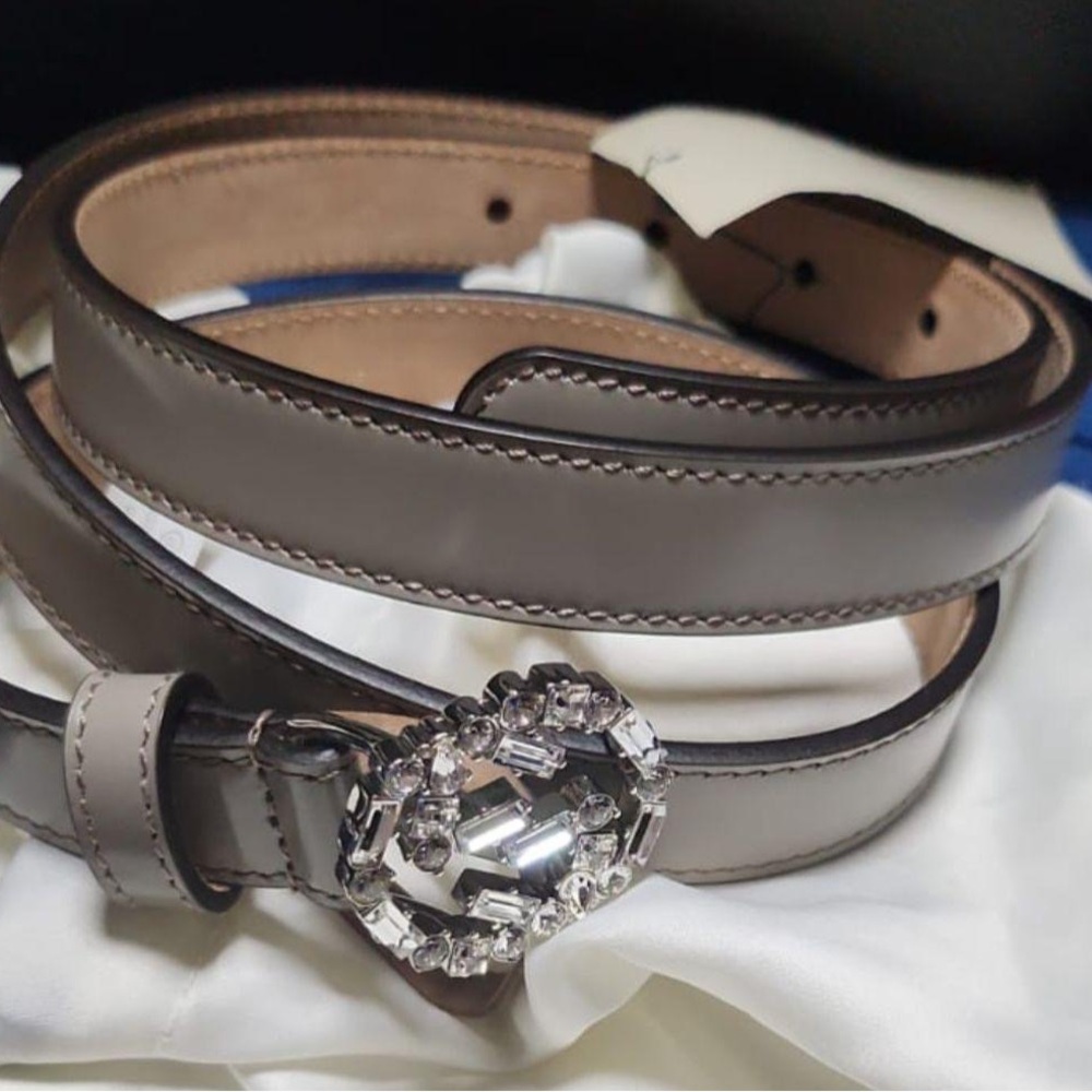 Gucci Taupe Leather Belt with Crystal Oval Buckle